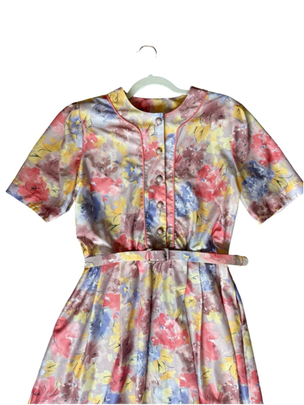 D’Allaird’s Vintage Pastel Floral Belted Midi Dress in Pink, Lavender Size L - Picture 8 of 11